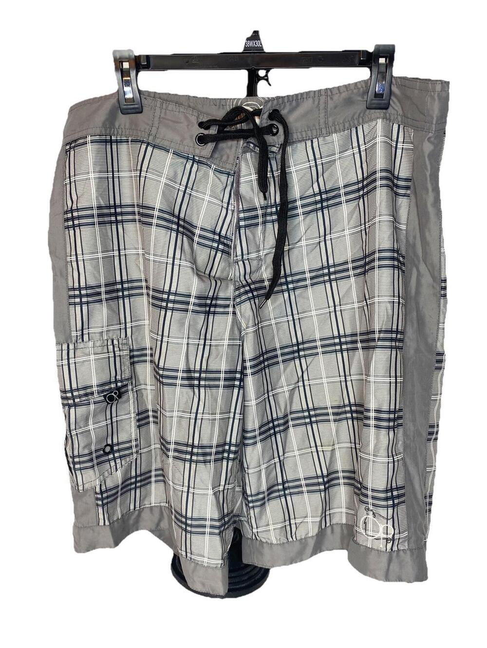 OP Ocean Pacific Swim Trunks Board Shorts Men 36 Gray Black Plaid Cargo Pockets